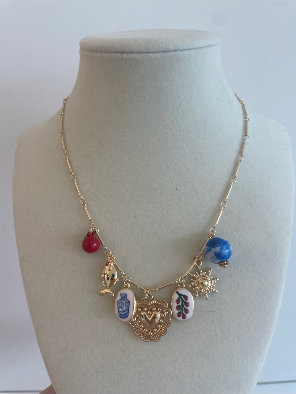Anthropologie Gold Heart Sun Fish Charm Necklace Mediterranean Boho